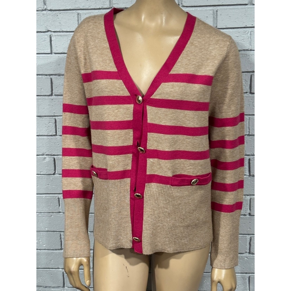 Rachel Zoe Tan Pink Striped V-Neck Button Front Cardigan Sweater Boho Chic L
